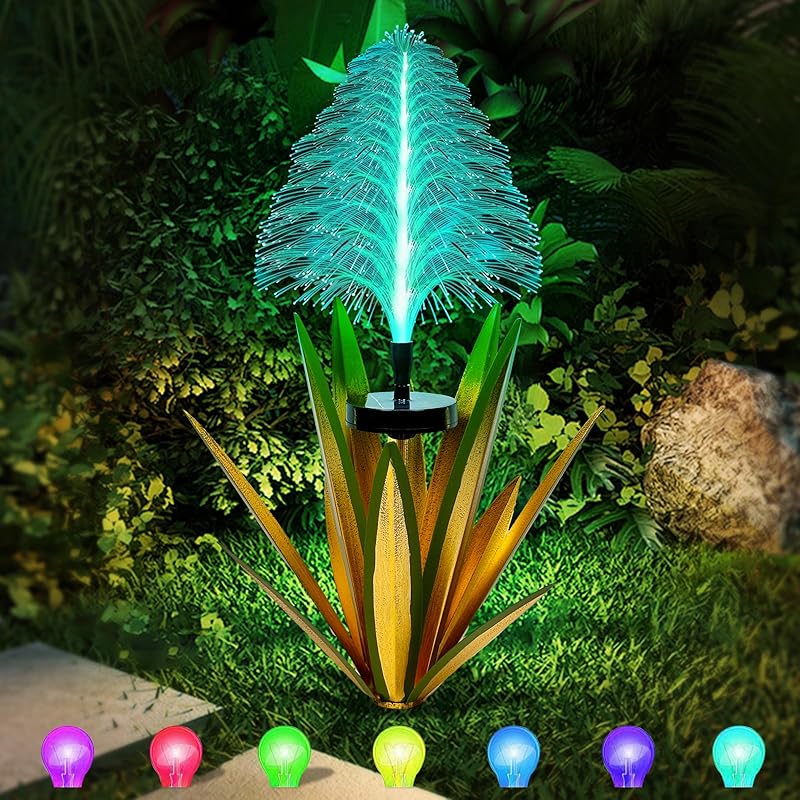 Metal Outdoor Decoration Gift Metal Agave Plants Outdoor Decor, Metal Agave Yard Art Garden Lights Solar Outdoor, 7 Color Changing Garden Yard