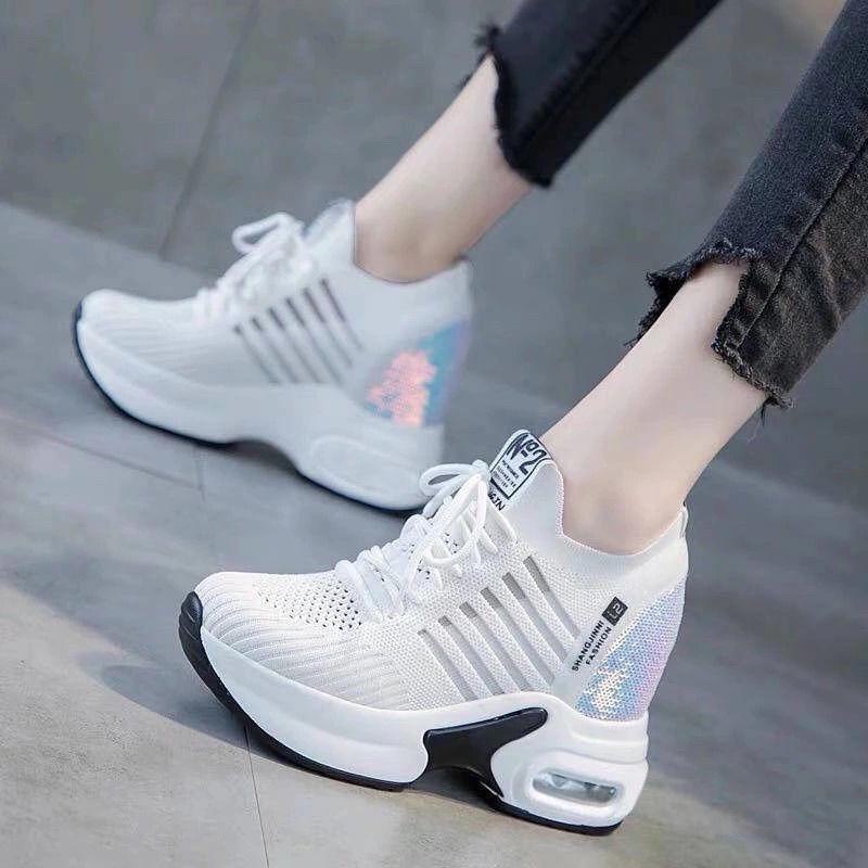 2023 Spring/Summer Women's Mesh Height-Enhancing White Sneakers - Breathable Casual Sports Shoes