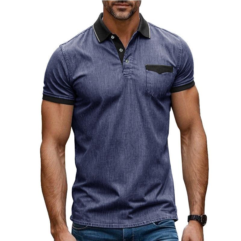 

European American Men s Short Sleeve Stretch Denim Polo Shirt Men s Lapel T-Shirt Slim Top S синій