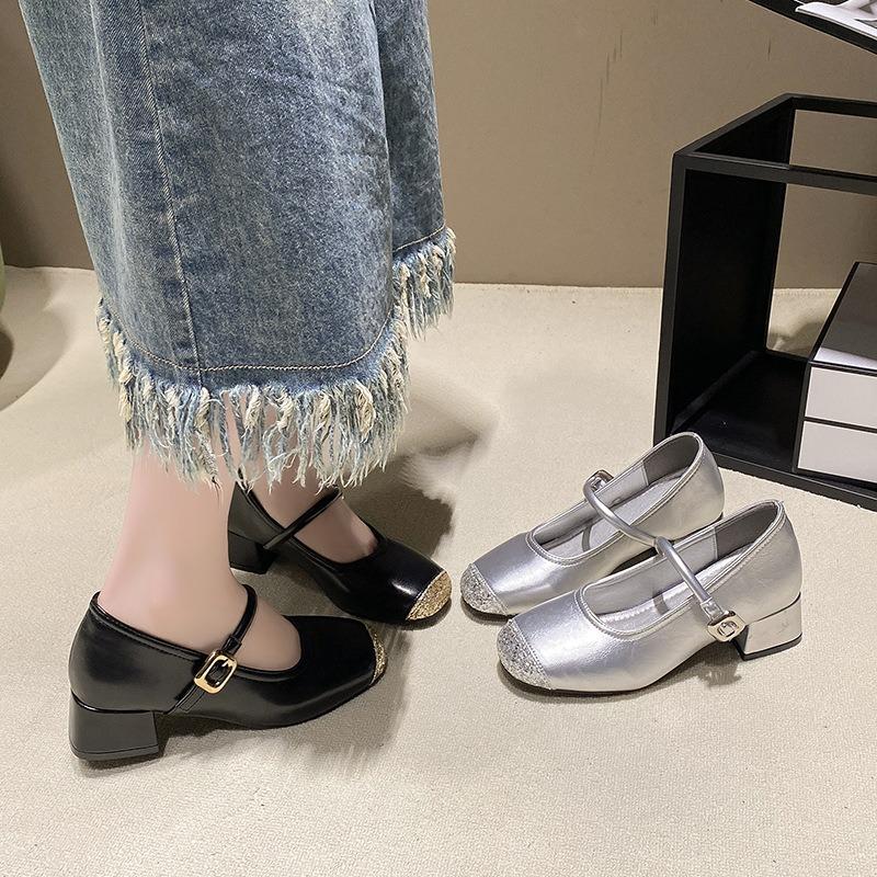 Small invisible inner height increase shallow thick heel single shoes trendy summer new square head high heel Mary Jane women's shoes