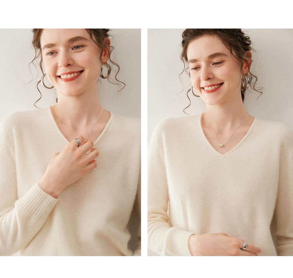 Women's V-Neck Solid Color Cashmere Sweater - Loose Fit, Soft Knit Pullover for Autumn/Winter