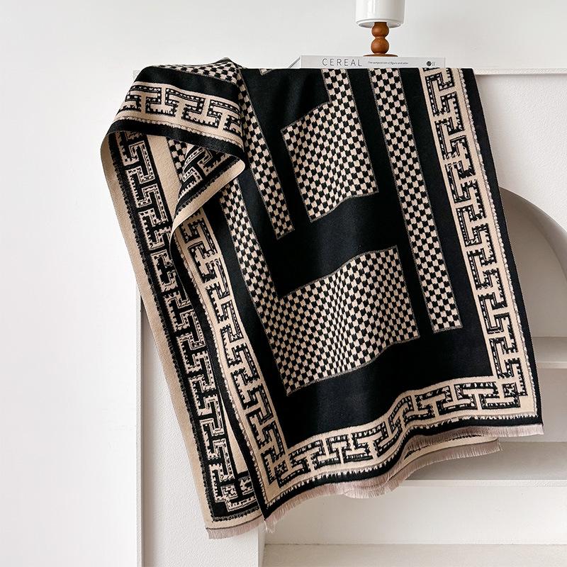 

Осенне-зимний клетчатый узор в стиле ретро с текстурой, двухсторонний теплый шарф, шаль, внешний чехол 180cm чёрный