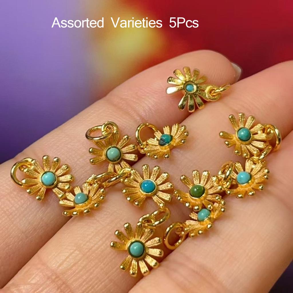 5Pcs, Natural Stone Raw Green Turquoise Gemstone Pendant With Golden Accents, Bohemian Style Handmade Flower Charms for Jewelry Making DIY 7×9mm