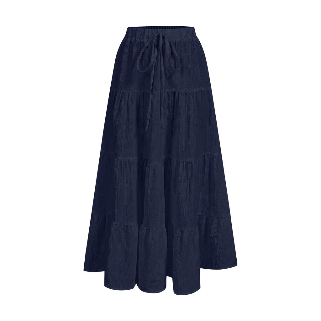Women's Ruffled Spring Casual Long Skirt Plain Color Skirt Retro Pleated Skirt