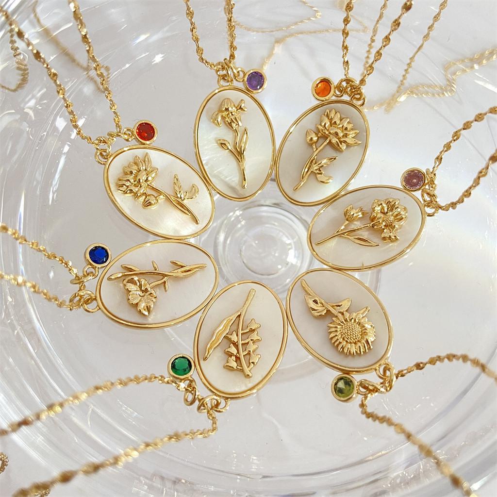 Birthstone Necklace For Women With Mother Of Pearl Flower Pendant And Dangle Charm For Birth Month Gift