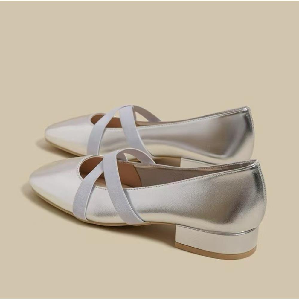 Fashion Silver Single Shoes Women's 2025 Spring New French Square Head Low Heel Retro Ballet Light Mouth Mary Jane Shoes for Women Pumps