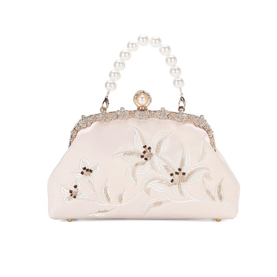 Pearl Chains Chinese Style Handbag Cheongsam Clutch Purse Elegant Kiss Lock Embroidery Shoulder Bags Banquet Crystal Dinner Bags