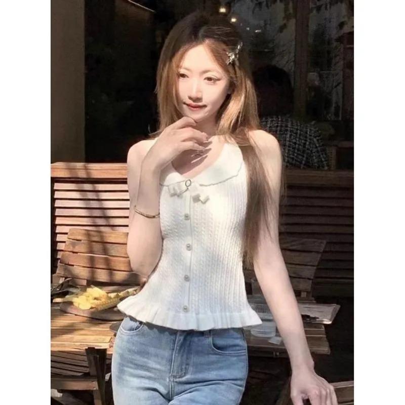 

Sweet and Gentle Doll Collar Knitted Vest for Women with Summer Design Hem and Sleeveless Top for Small People to Wear Outside S белый