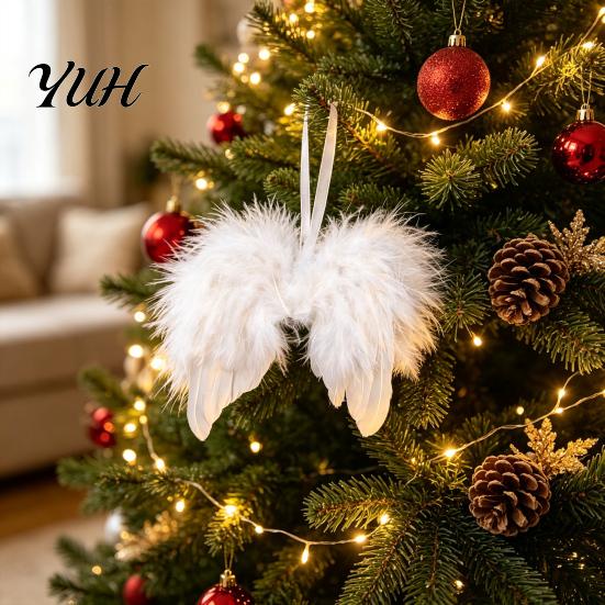 Holiday Party Props 10Pcs White Feather Angel Wings Ornament for Christmas Tree Decoration, Soft Fluffy Hanging Pendant with Lanyard Parties And Baby