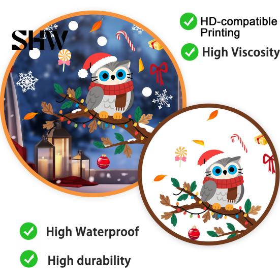 Self Adhesive Seasonal Wall Art Cute Christmas Owl Window Sticker, Snowy Branch Candy Glass Decal, Waterproof Festive Outdoor Xmas Decor for