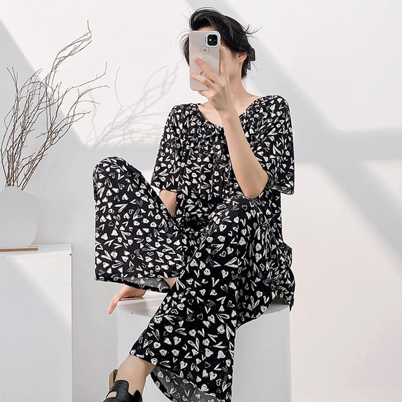 1011 new pajamas women's summer cotton and silk thin short-sleeved trousers set can be worn outside spring and autumn large-size loungewear
