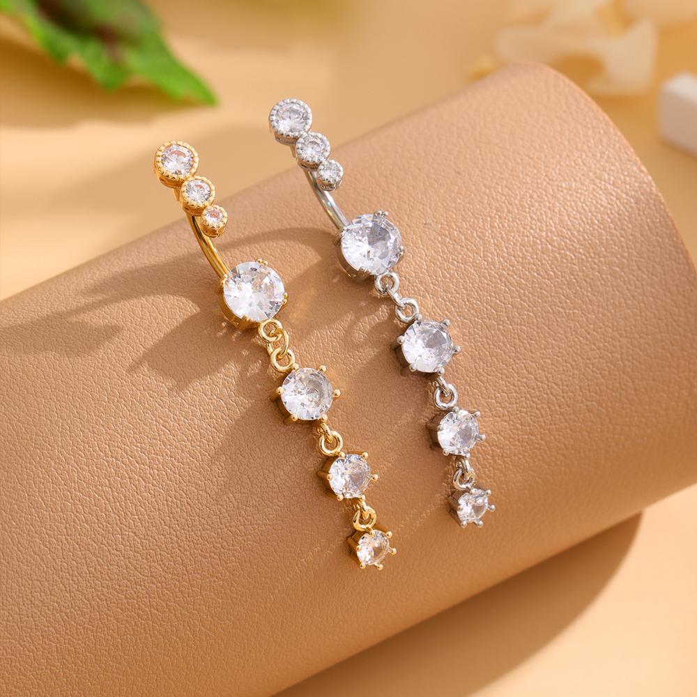 Gold Stainless Steel Long Dangle Flower CZ Belly Button Ring for Women