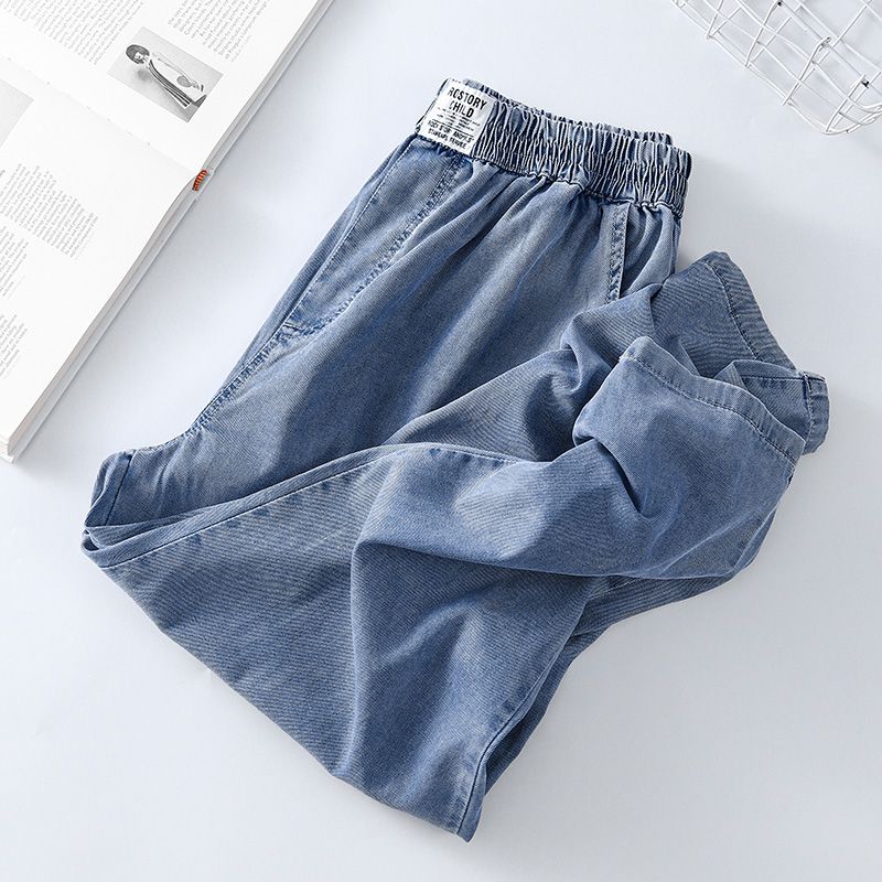 

Лето для пышных девушек Корейские Новые Женские Повседневные Брюки Большого Размера Эластичная Талия Нашивка с Буквами Лиоцелл Деним Брюки-Шаровары Light blue XL