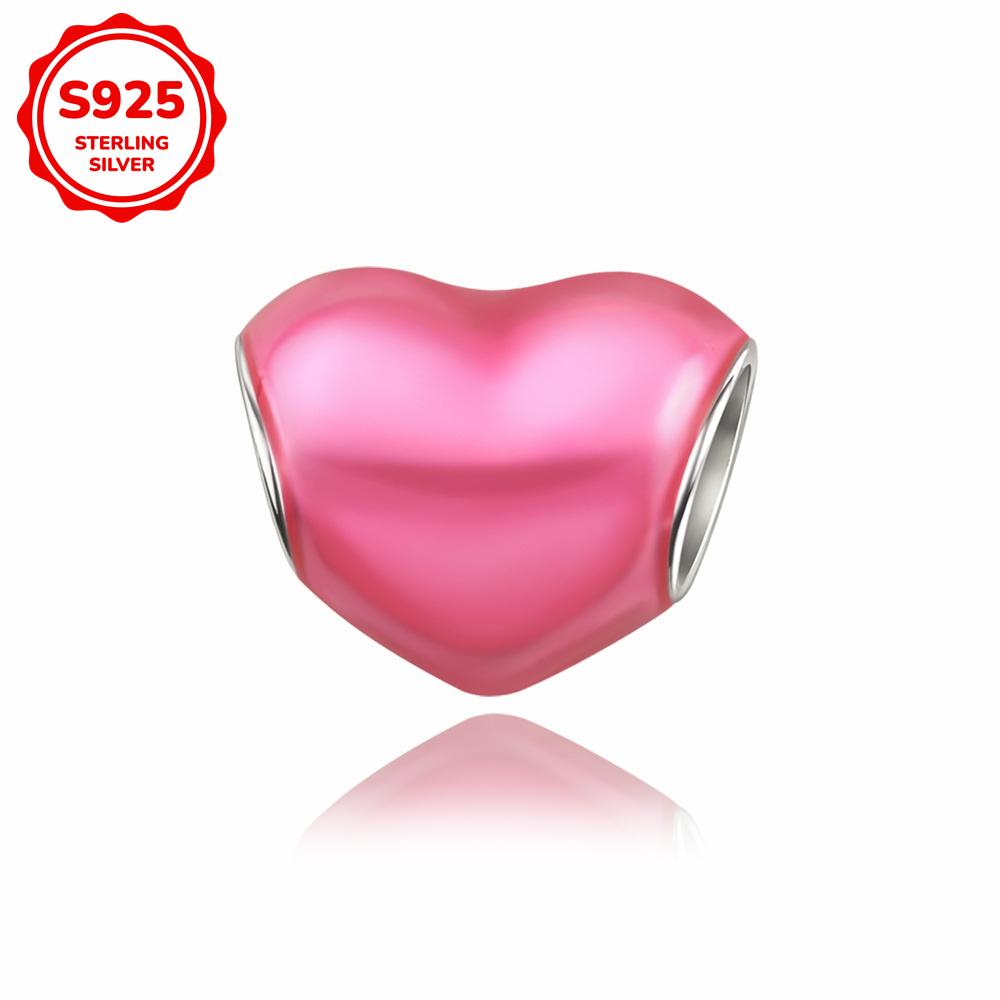 New 925 Silver Colorful Shine Heart Shaped Charms Beads Fit Snake Chain Bracelet Necklace Women DIY Fine Jewelry Gifts