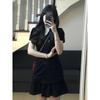 Retro fashion hot girl pleated design waist slimming small black vintage summer dress short skirt