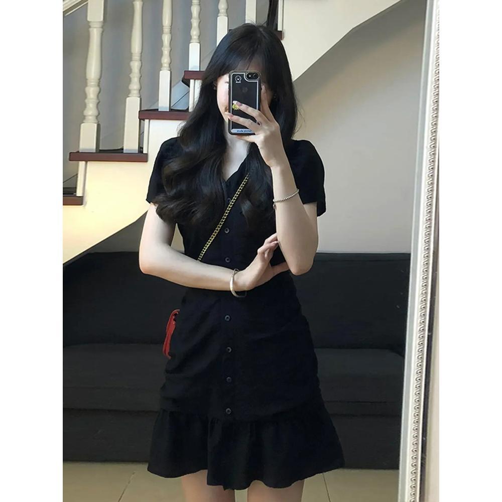 Retro fashion hot girl pleated design waist slimming small black vintage summer dress short skirt