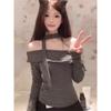 Black and gray striped contrasting colors one-word shoulder exposed collarbone long-sleeved t-shirt women's irregular streamer temperament