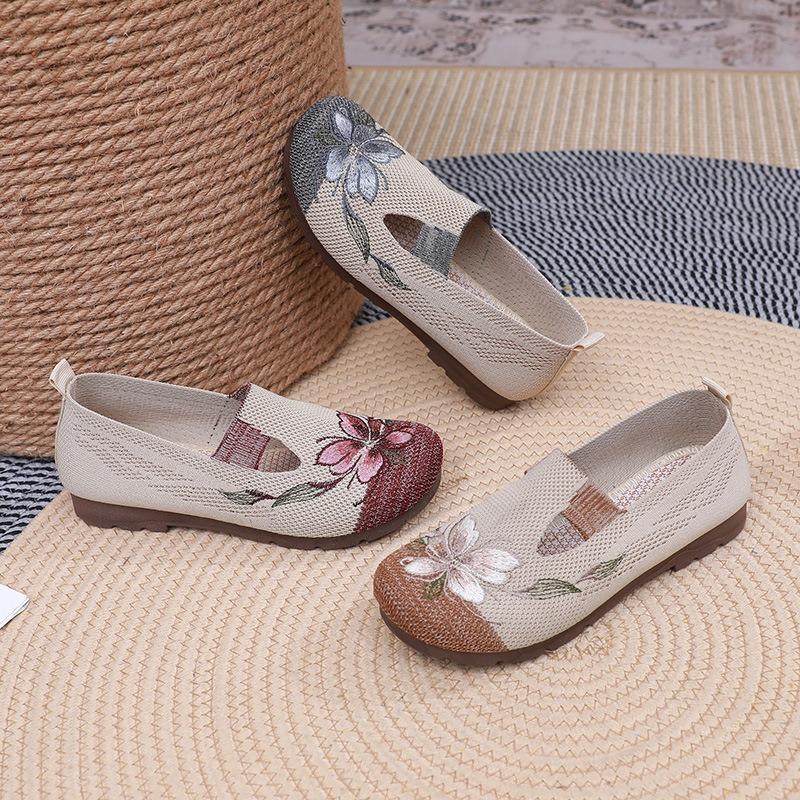 Women's Embroidered Beijing Style Slip-On Flats, Breathable Low-Cut Comfortable Cloth Shoes, Lightweight Casual Walking Shoes for Women