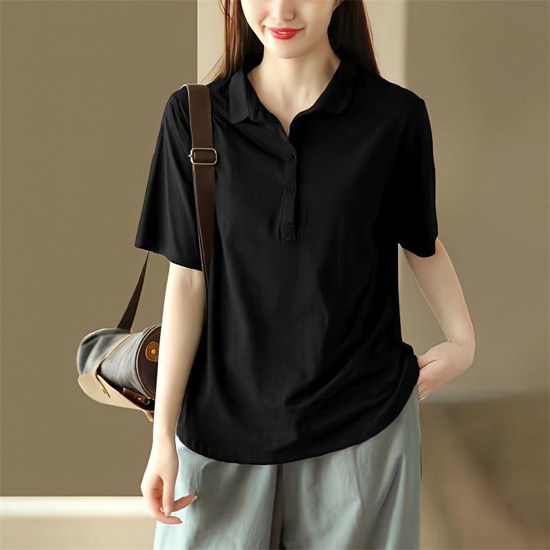 Damen T-Shirt mit Kragen, kurzen Ärmeln, einfarbig, Business Casual Stil, Oberteile, Koreanischer Pendlerstil, Damenbekleidung