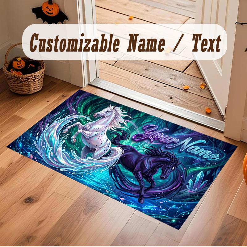 Horse Theme Soft Crystal Velvet Rug Custom Name & Text Print Non Slip Floor Rug for Bedroom Living Room