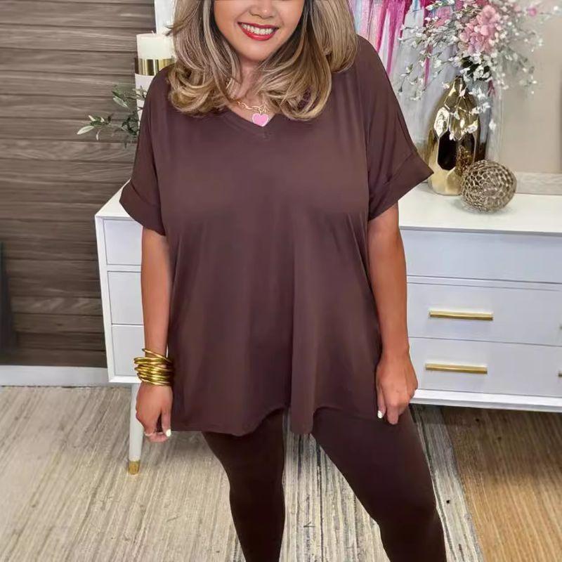 

2025 Loose and Simple Casual Short Sleeved Two-piece Set Pink XXL