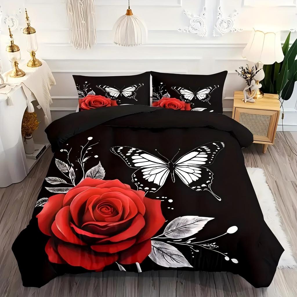 Comforter Black White Butterfly Red Rose 3D Print Elegant Romantic Modern Style Bedding Set Home Textiles S