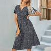 Fashion Women's Casual V-Neck Printed Midi Skirt Elastic Waist Dress