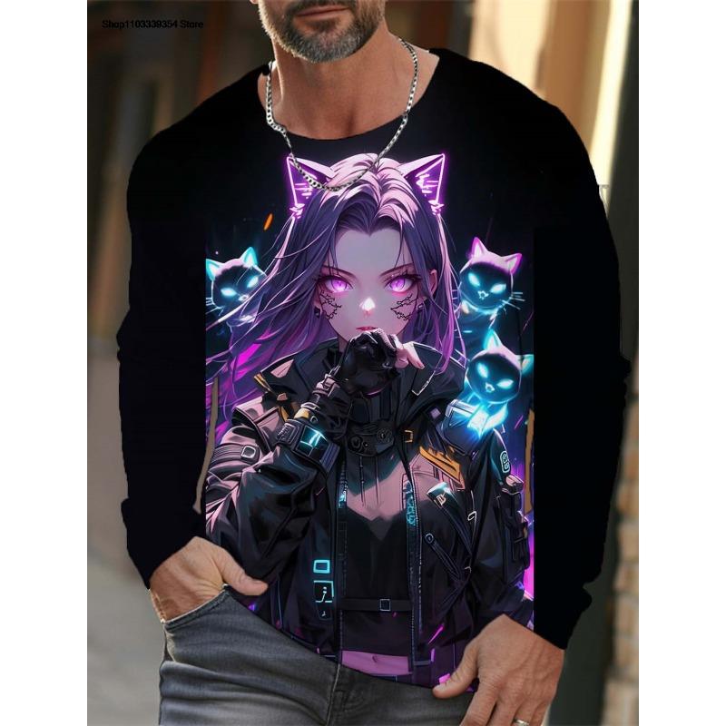 Cartoon Sexy Girl Pattern Men's Long Sleeve T-Shirt 3d Printed Oversized T Shirts For Men Personality Girl Harajuku Clothing Tops