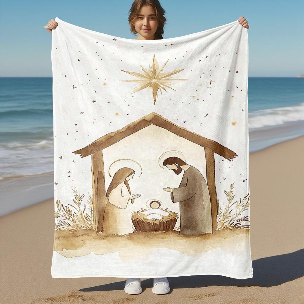 1pc Christmas Nativity Outdoor Flannel Blanket Soft Warm All-Season Throw for Sofa Bed Car Camping Office, Cozy Gift Idea1306S
