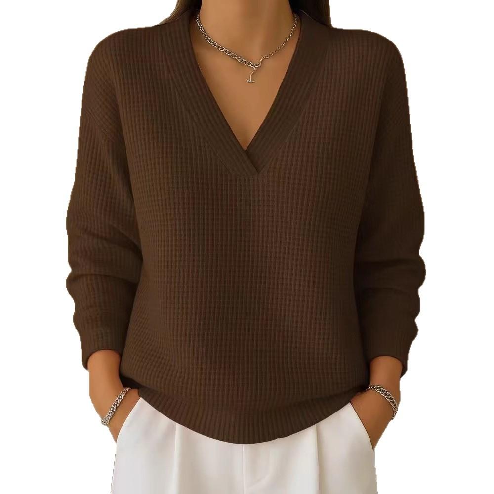 Autumn New Women's Casual Loose Fashion Solid Color Waffle Long-sleeved Pullover Top