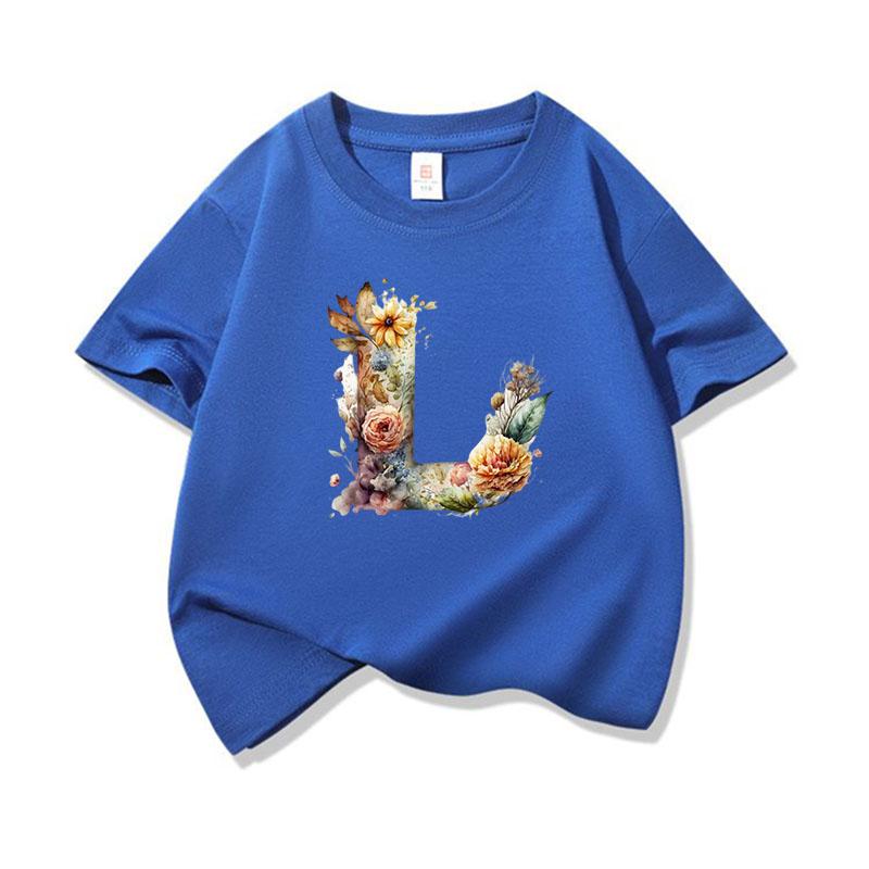 Kids Cotton T Shirt Floral Letter L Print Crew Neck Short Sleeve Tee Casual Boys Girls Summer Tops