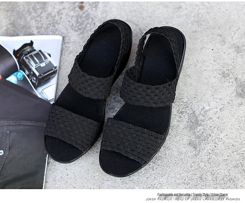 Damen-Sandalen mit gewebtem Elastikband - Frühling/Sommer 2020, Rutschfeste flache Schuhe mit niedrigem Keilabsatz, Komfort-Tanzschuhe