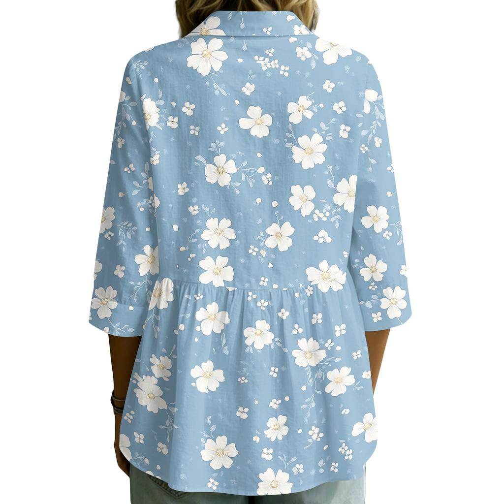 Women Button Front Collared Retro Floral Print Three Quarter Sleeve Loose Fit Shirt Blouse for Casual or Daily Wear