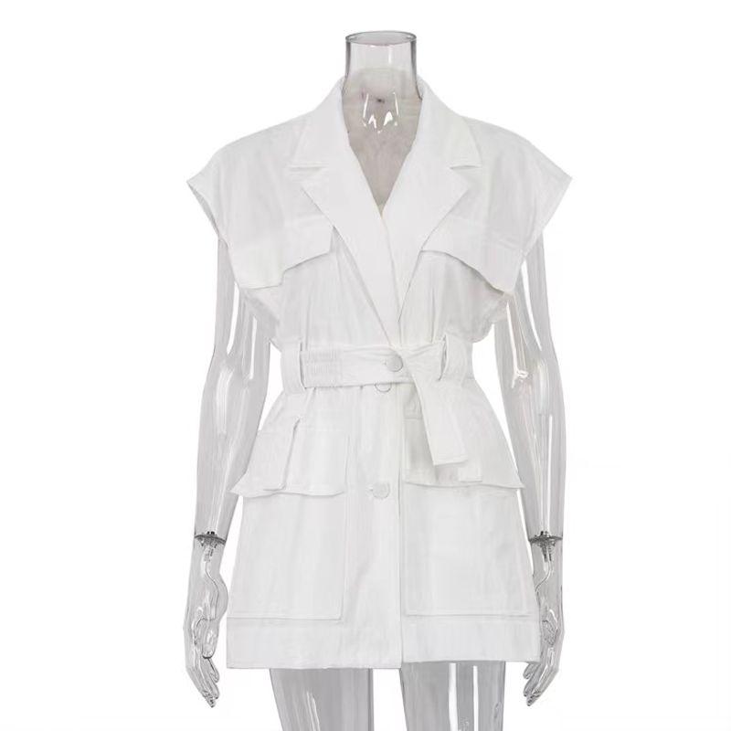 

European and American Sleeveless Cargo Shirts Multi-pockets Belt Loose Top Waist Tightening Loose Top White S