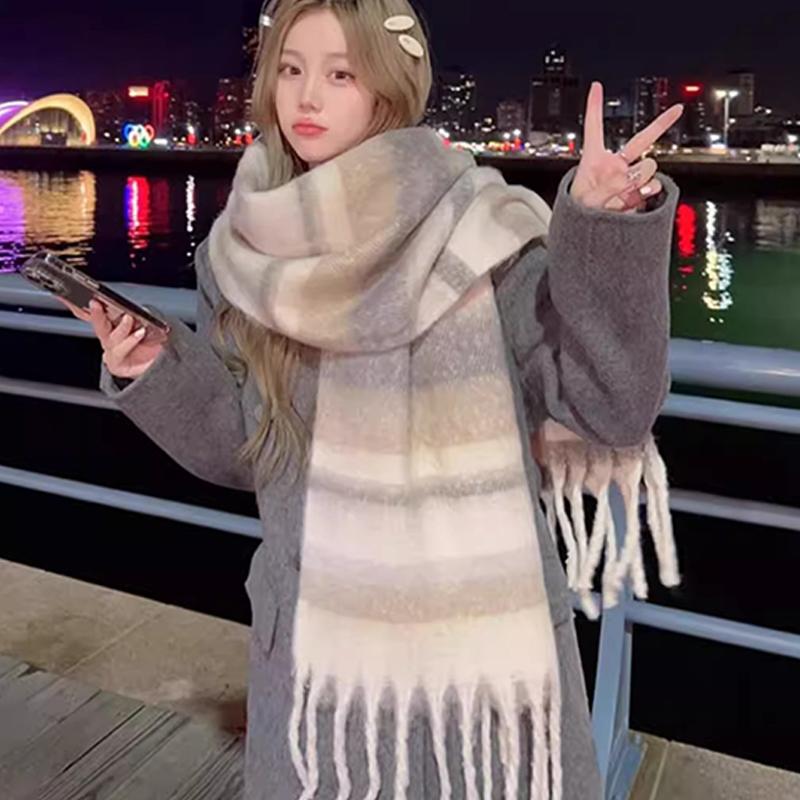 New Winter Faux Cashmere Ladies Scarf Wearable Blanket Thickened Warm Plaid Scarf High-end Korean Version Of Thickened Shawl
