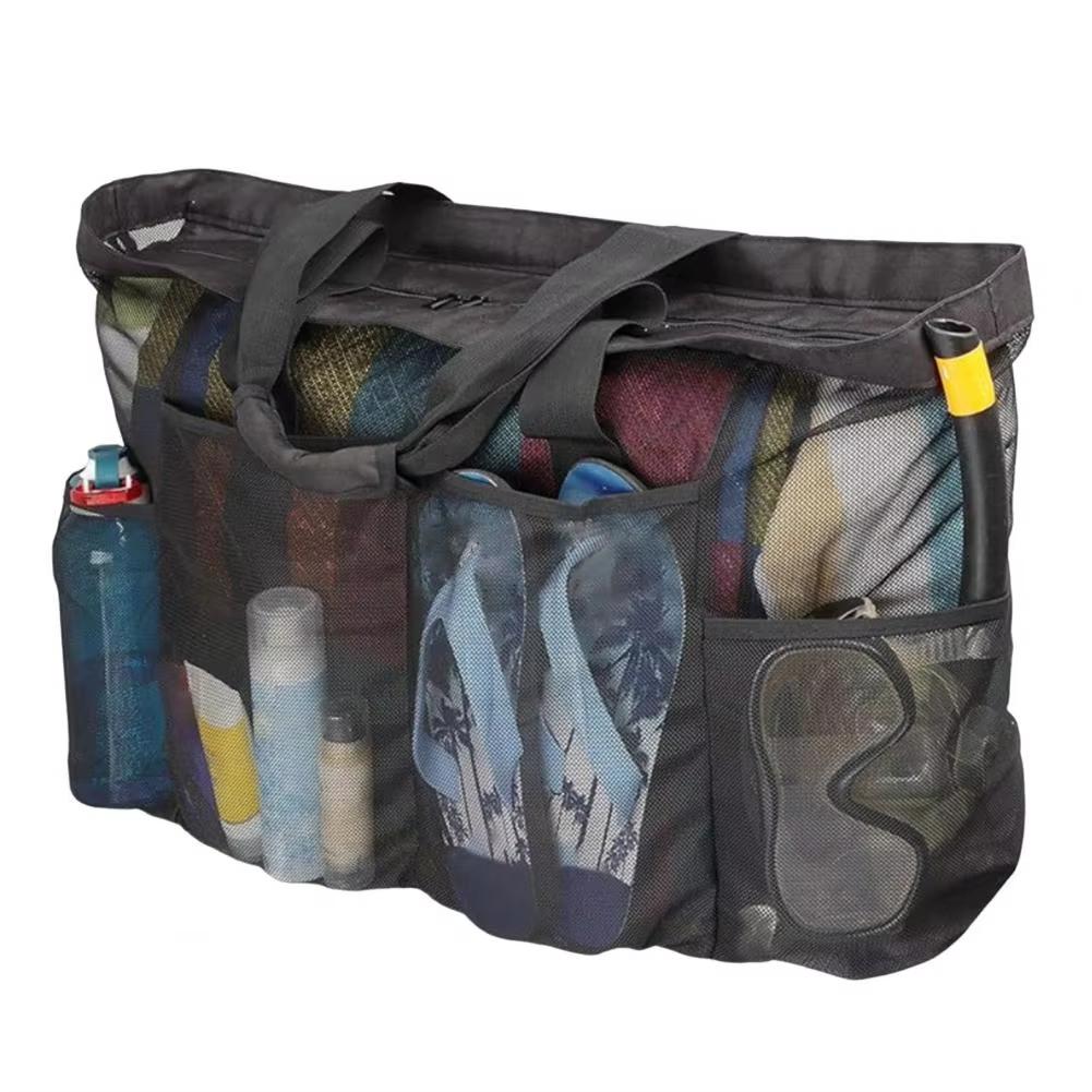 1pc Extra Large Mesh Beach Bag Large-capacity Breathable Multiple Pockets Travel Clothing Storage Bag Outdoor Sports Handbag