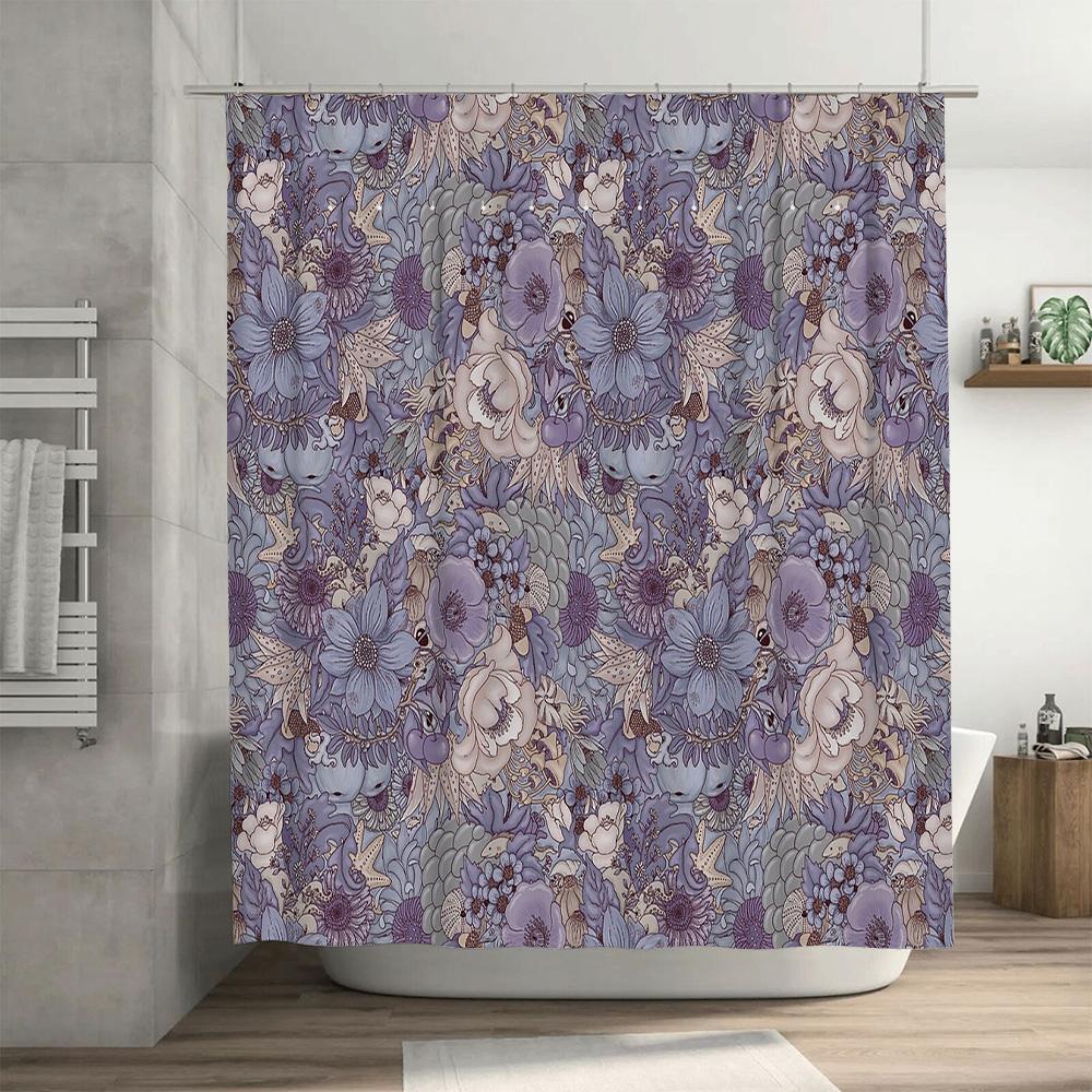 Floral Shower Curtain Vintage Blue Botanical Pattern Bathroom Decor Waterproof Fabric Liner Set