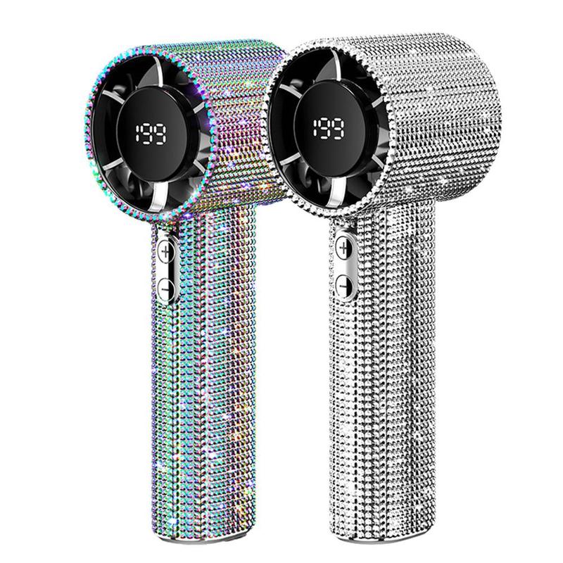 Full Diamond Luxury Craftsmanship Portable Handheld Turbo Fan 3 Gear Wind Long Battery Life With Digital Display