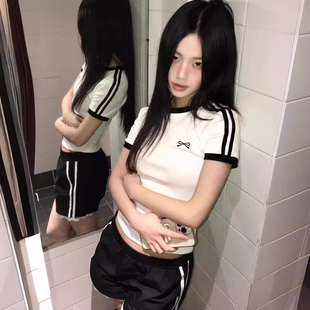 

Women s Summer Slim Fit Striped T-Shirt with Bow and Embroidery Small