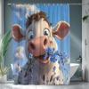 1Pc Animal Shower Curtain, Cute Cow Pattern, Rustic Farmhouse Style With Floral Blue Sky Background, Suitable For Bathroom Decor