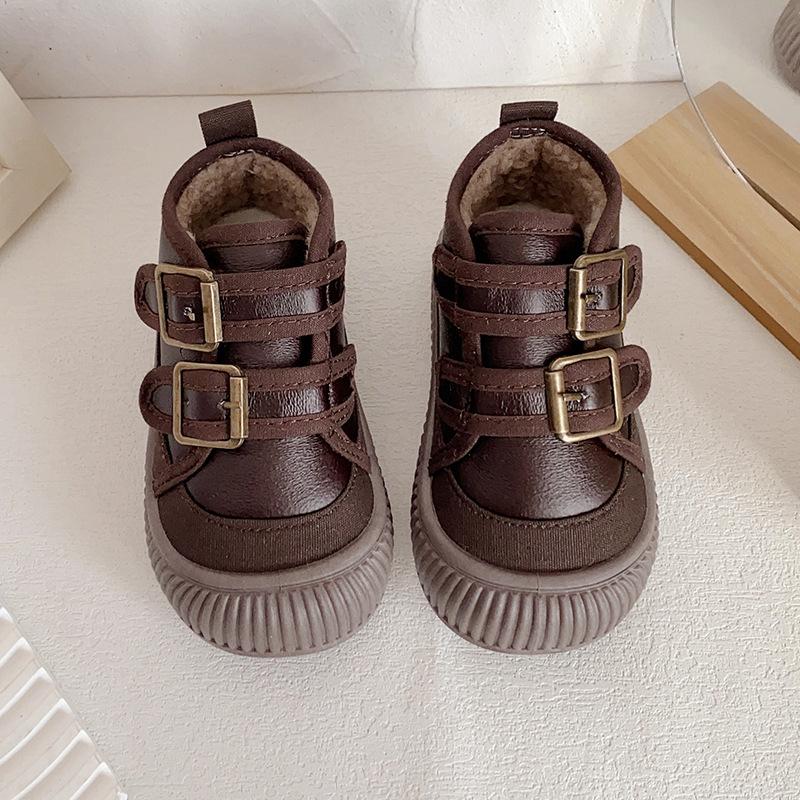 Winter Mid-cut Cotton Shoes for Children, Plus Velvet Soft-soled Casual Shoes for Boys and Girls, Velcro Cotton Shoes