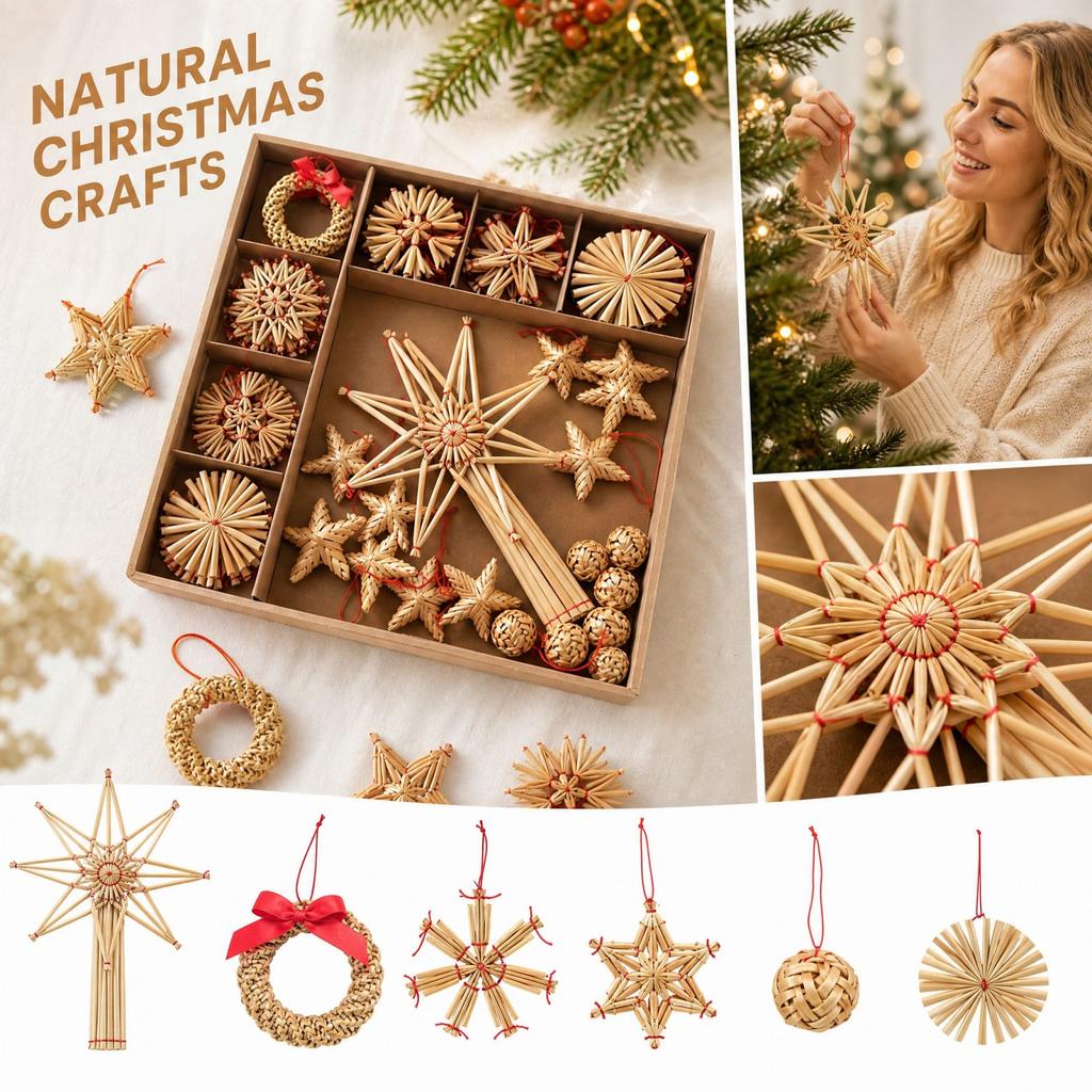 Straw Christmas Decoration Hanging Ornament Set for Holiday Tree and Home Decor