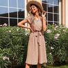 Chic Women Summer Green V Neck Long Sleeve Lace Up Pleated A Line Print Dress