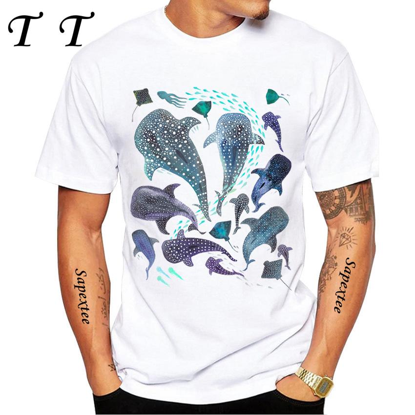 Galaxy Whale Shark Watercolor Funny T-shirt Men's Short Sleeve Summer Beach Diving Trips White Casual Tees Sea Life Boy Tops