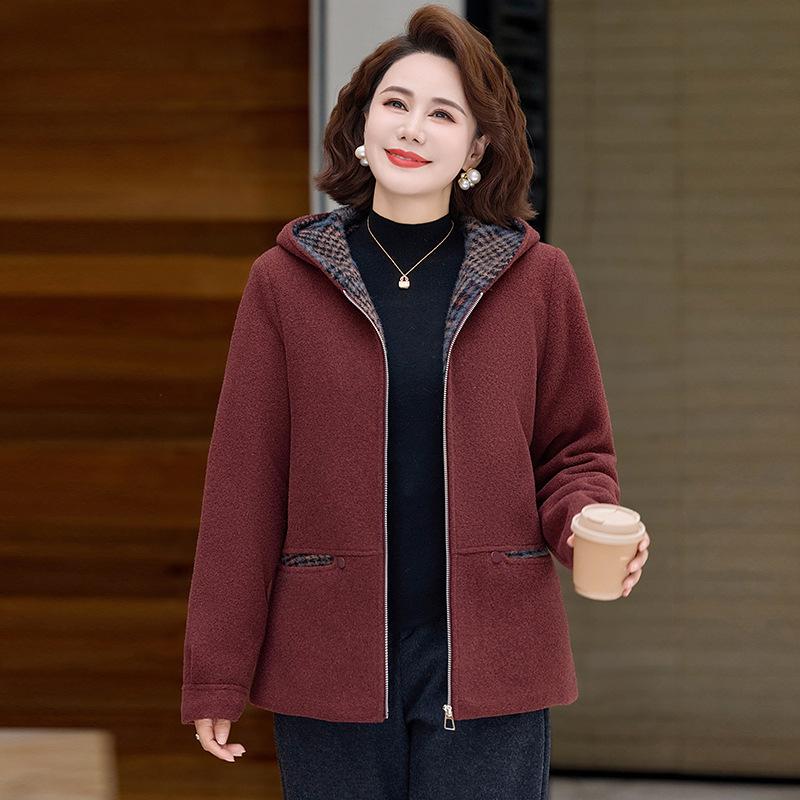 Women's Stylish Hooded Faux Wool Winter Jacket for Middle-Aged and Elderly