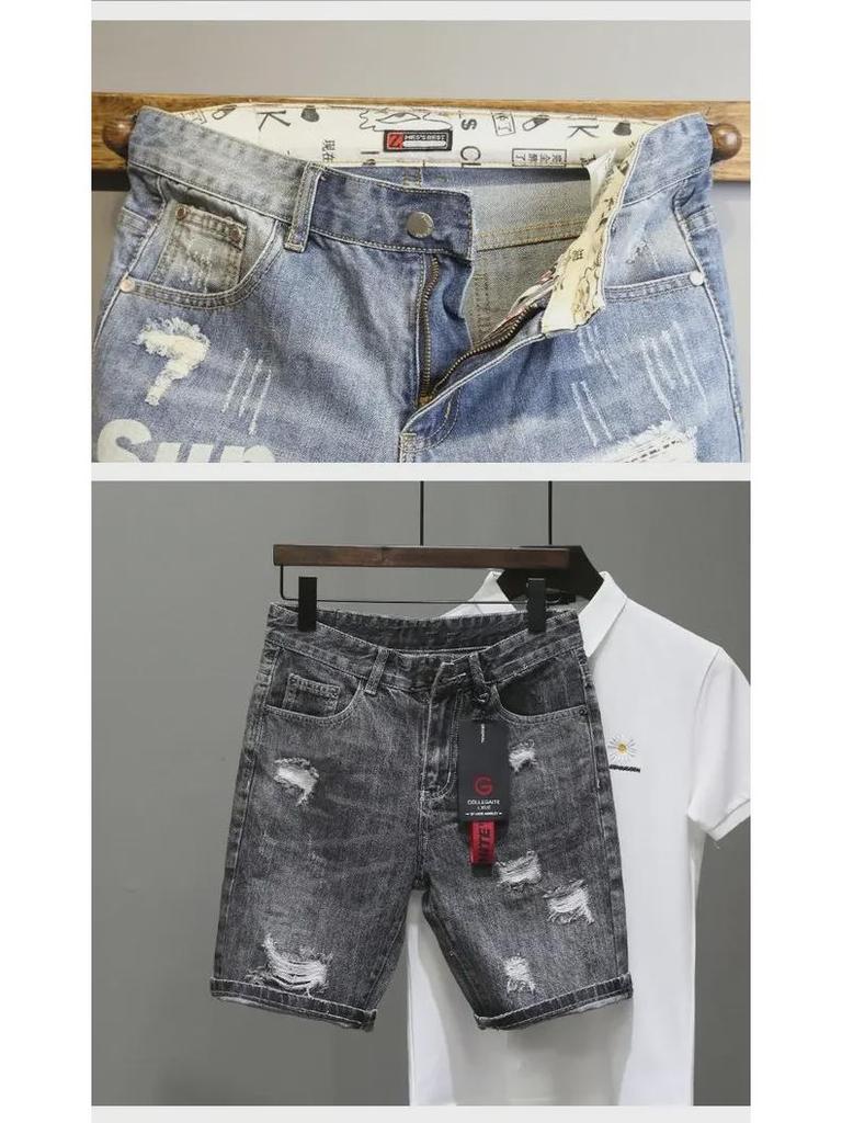Boys' Slim Fit Light Blue Ripped Denim Shorts with Whisker Print