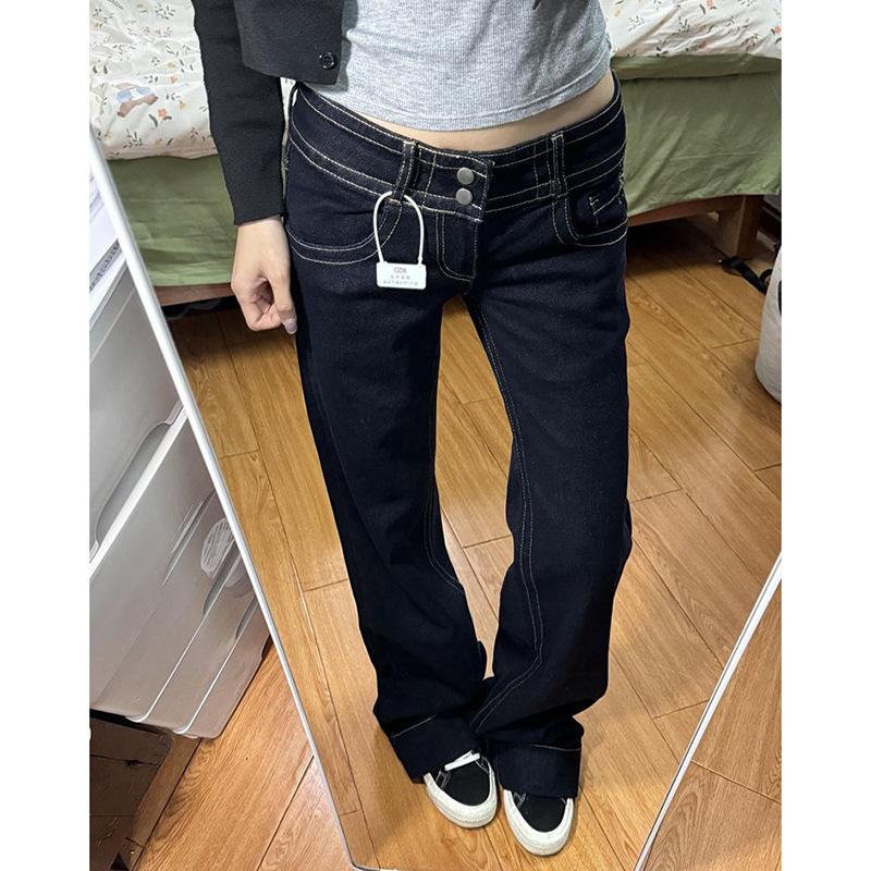 Women's High Waist Straight Leg Jeans Loose Denim Pants Japanese Street Style Trousers With Double Button Design
