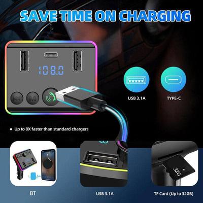 Car Bluetooth 5.0 FM Transmitter PD Type-C Dual USB Cigarette Radio Handsfree Adapter Fast 3.1A Charger Lighter Charger J3G2