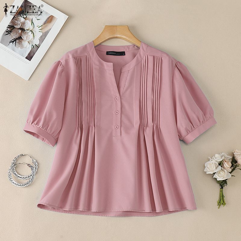 ZANZEA Blusa Casual da Donna Girocollo Tinta Unita Ampia Manica Corta