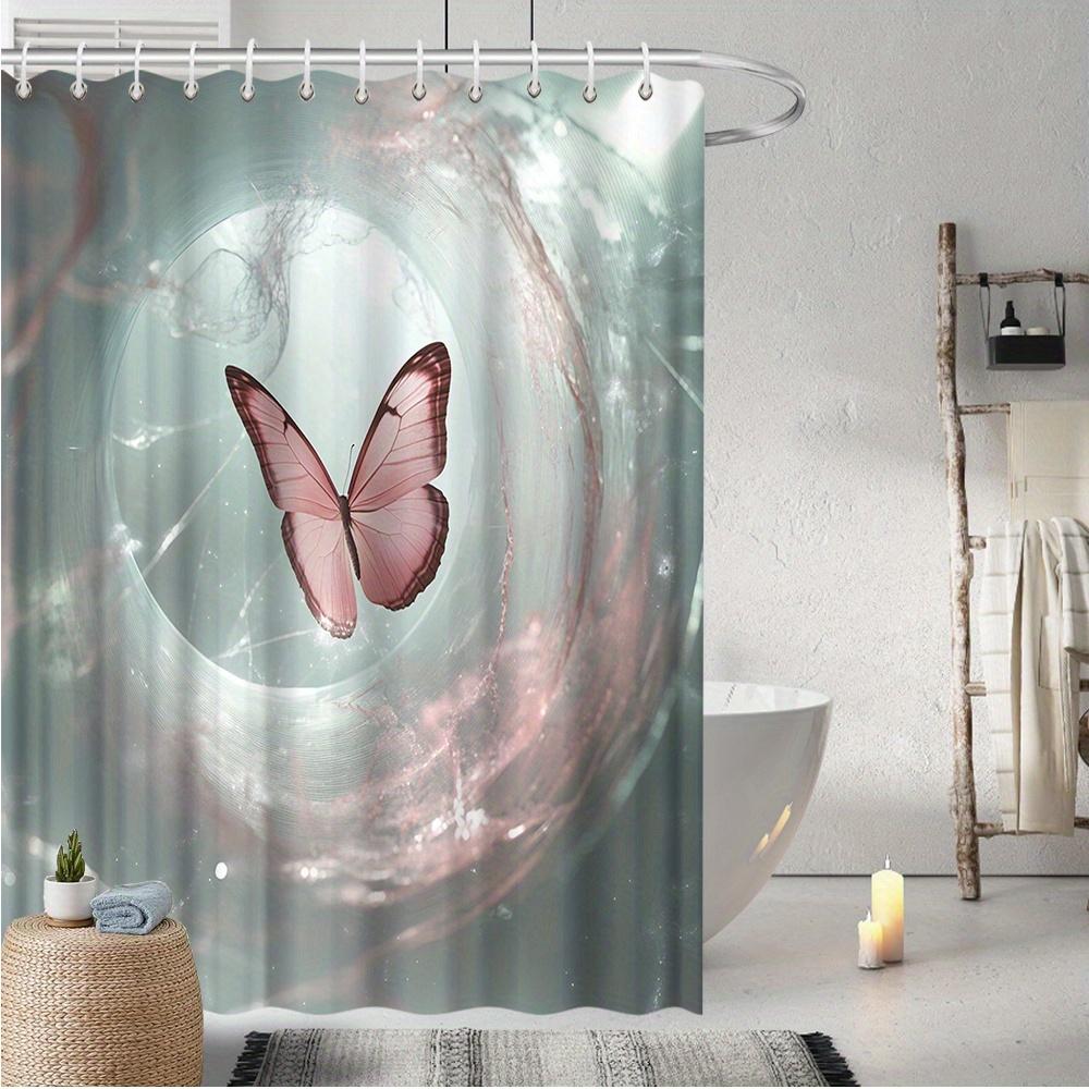 Butterfly & Floral Shower Curtain - Vibrant Pink Design, Fade-Resistant Polyester, Perfect For All Seasons Bath Decor